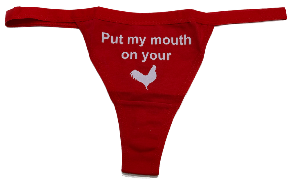 Трусики стринги с надписью «Put my mouth on your»